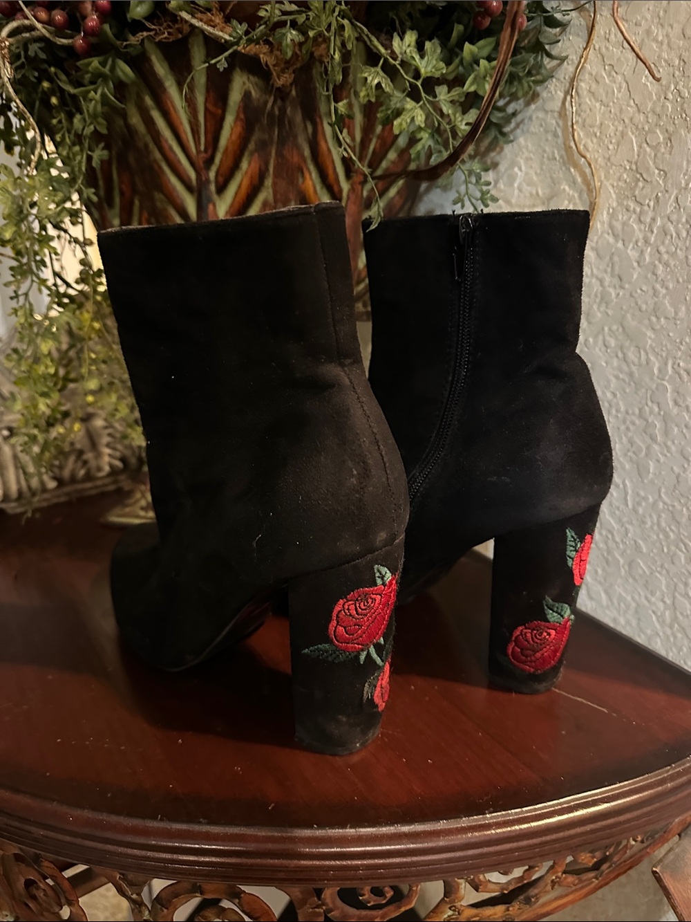 Wild Diva Black Suede-Look Ankle Boots with Red Rose Heel Embroidery